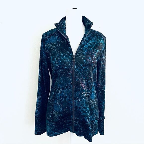 SNOSKINS Zip Jacket Back Hidden Pocket Animal Print Blues Purple EUC SZ Med - Picture 1 of 7